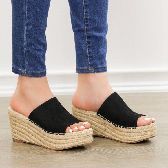 Open Toe Espadrille Slide Sandals Wedge Heel - Picture 3 of 7